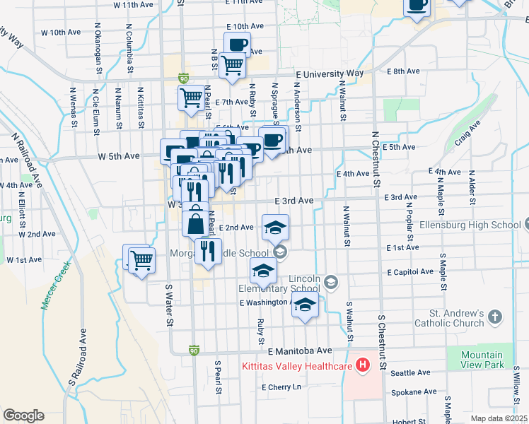 map of restaurants, bars, coffee shops, grocery stores, and more near 210 North Ruby Street in Ellensburg