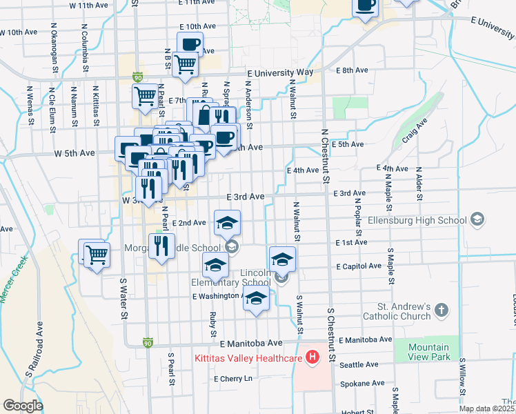 map of restaurants, bars, coffee shops, grocery stores, and more near 206 North Anderson Street in Ellensburg