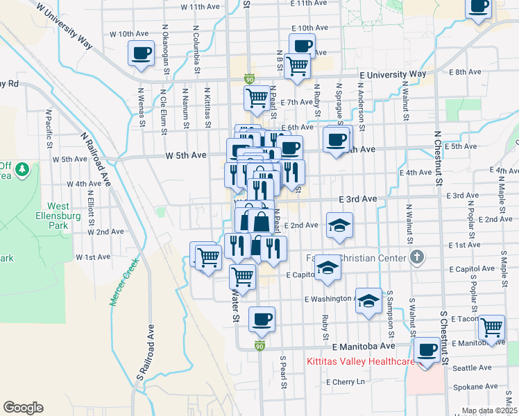 map of restaurants, bars, coffee shops, grocery stores, and more near 116 West 3rd Avenue in Ellensburg