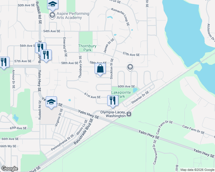 map of restaurants, bars, coffee shops, grocery stores, and more near 6038 60th Loop Southeast in Lacey