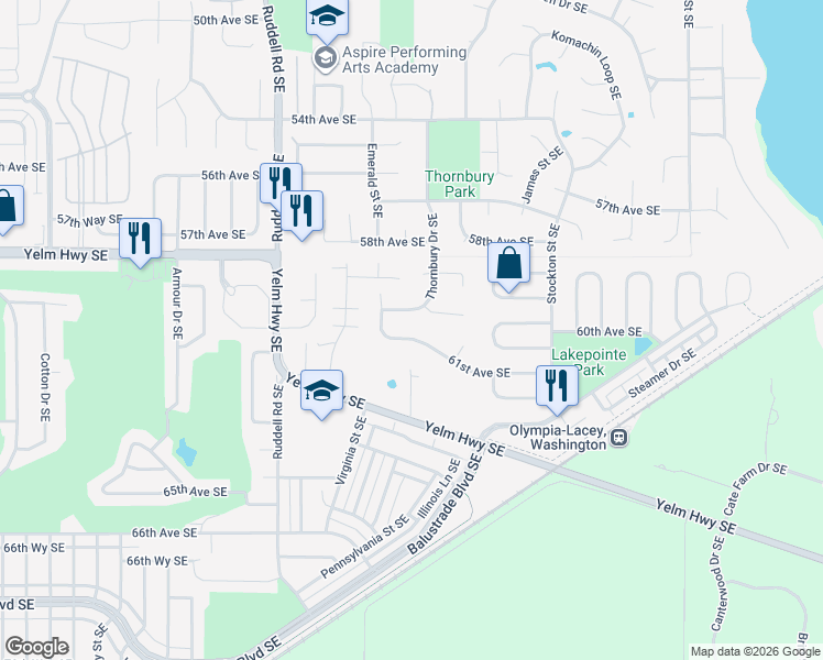 map of restaurants, bars, coffee shops, grocery stores, and more near 6065 61st Avenue Southeast in Lacey