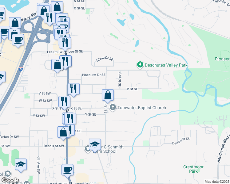 map of restaurants, bars, coffee shops, grocery stores, and more near 415 W Street Southeast in Tumwater