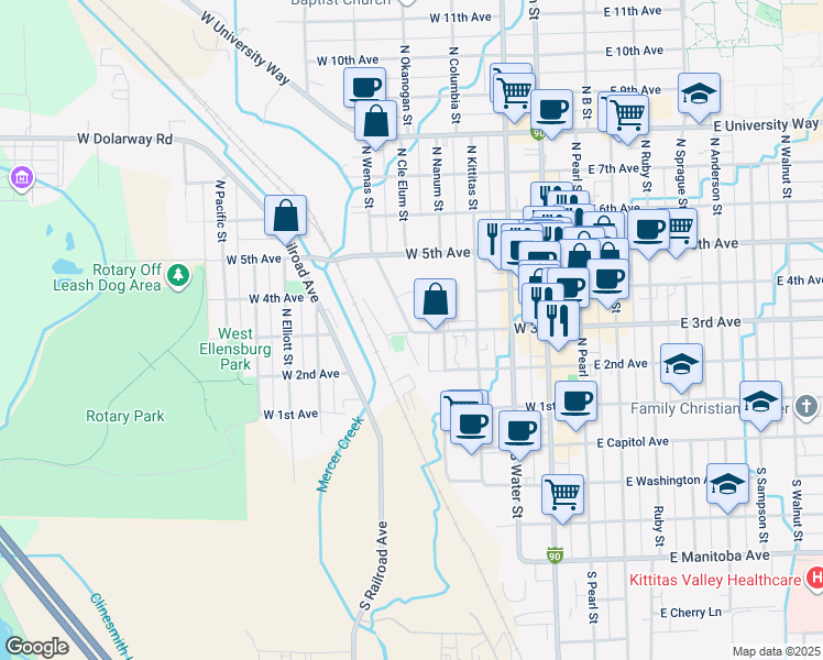 map of restaurants, bars, coffee shops, grocery stores, and more near 301 North Wenas Street in Ellensburg