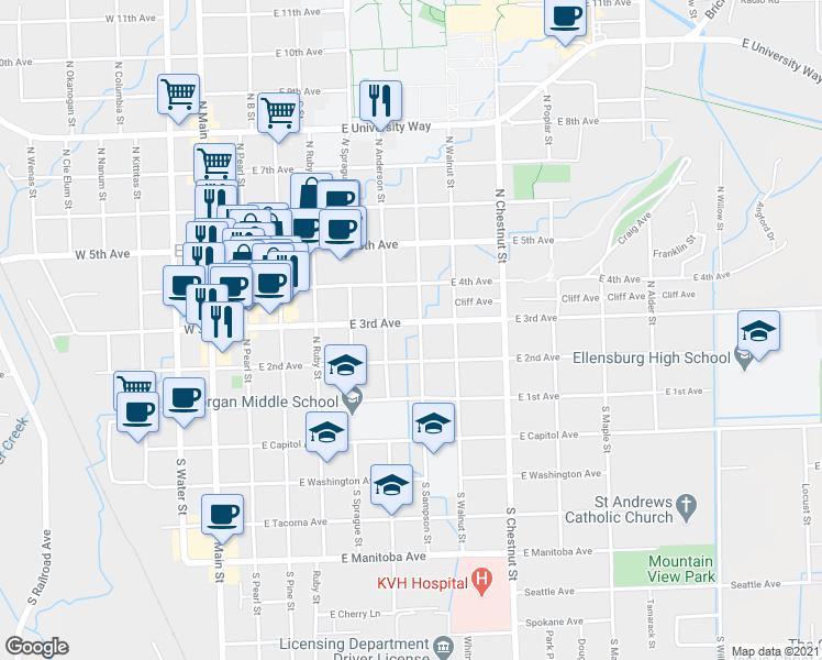 map of restaurants, bars, coffee shops, grocery stores, and more near 306 North Anderson Street in Ellensburg