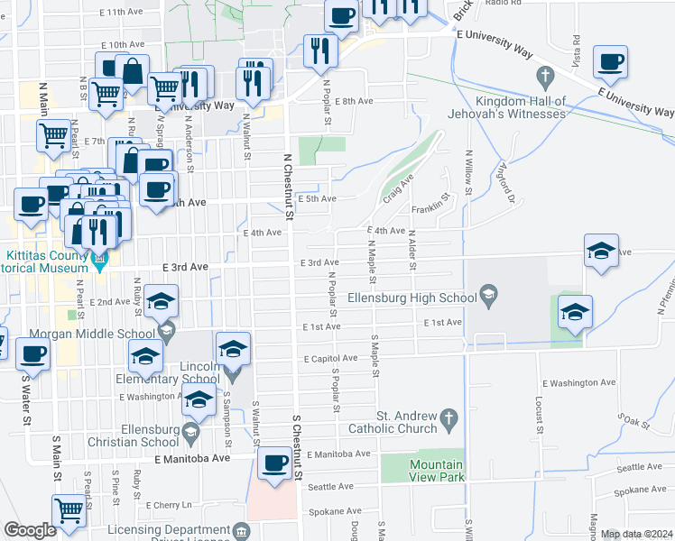 map of restaurants, bars, coffee shops, grocery stores, and more near 208 North Poplar Street in Ellensburg