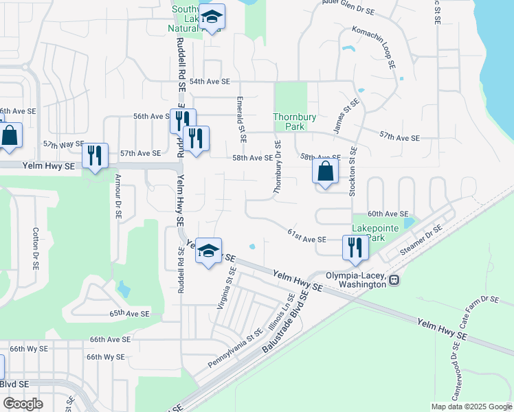 map of restaurants, bars, coffee shops, grocery stores, and more near 6005 Thornbury Drive Southeast in Lacey