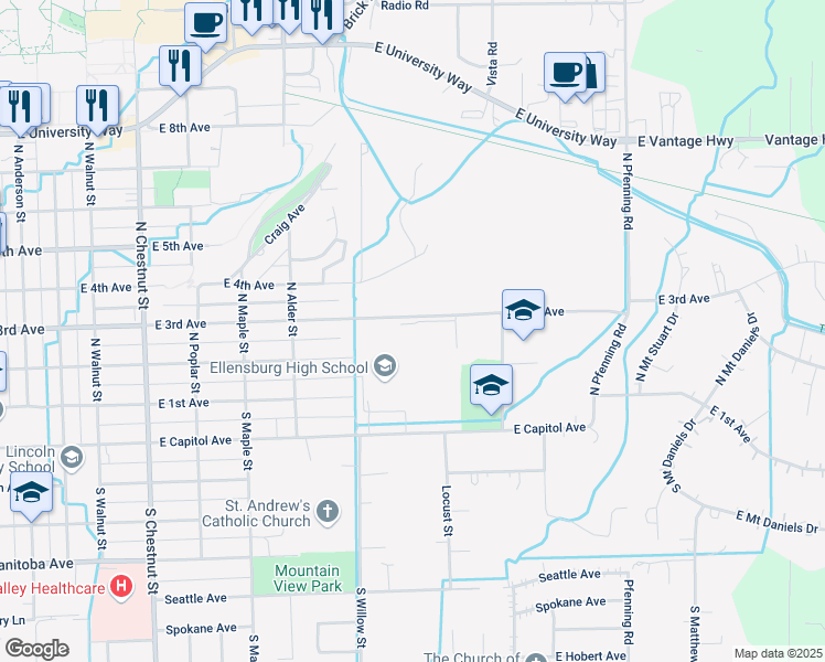 map of restaurants, bars, coffee shops, grocery stores, and more near 1300 East 3rd Avenue in Ellensburg