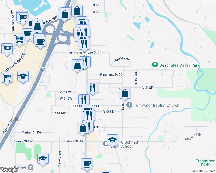 map of restaurants, bars, coffee shops, grocery stores, and more near 304 Laurelhurst Drive Southeast in Tumwater