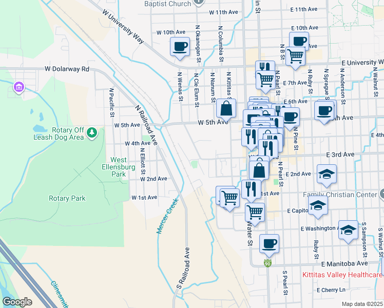map of restaurants, bars, coffee shops, grocery stores, and more near 301-399 North Wenas Street in Ellensburg
