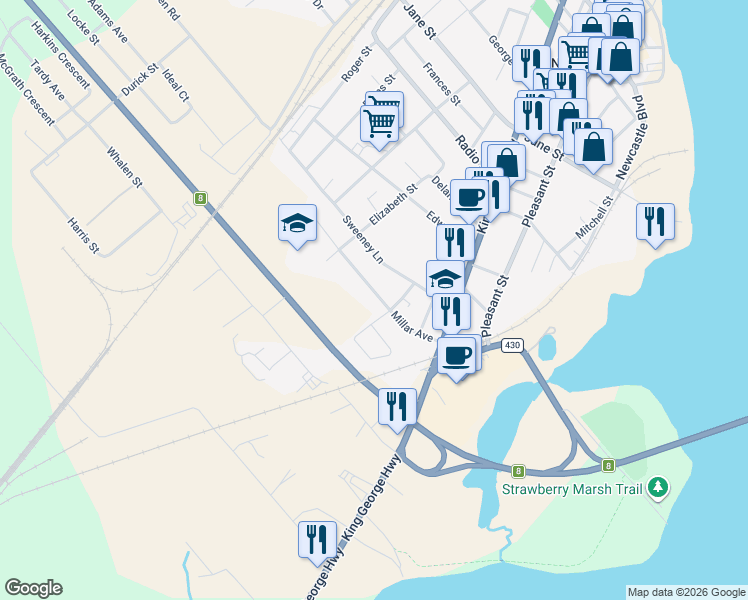 map of restaurants, bars, coffee shops, grocery stores, and more near 257 Millar Avenue in Miramichi