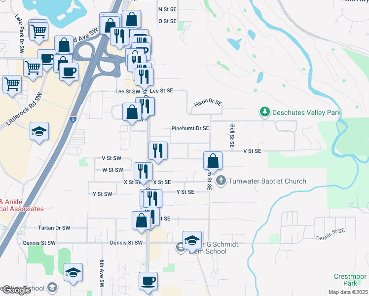 map of restaurants, bars, coffee shops, grocery stores, and more near 304 Laurelhurst Drive Southeast in Tumwater