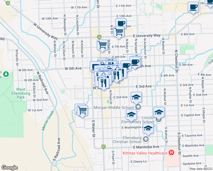 map of restaurants, bars, coffee shops, grocery stores, and more near 109 West 3rd Avenue in Ellensburg