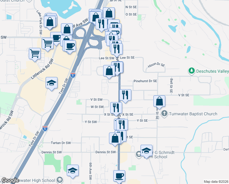 map of restaurants, bars, coffee shops, grocery stores, and more near 6015 Capitol Boulevard Southwest in Tumwater