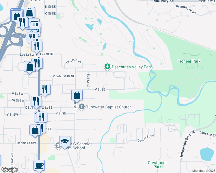 map of restaurants, bars, coffee shops, grocery stores, and more near 6018 Silver Oaks Court Southeast in Tumwater