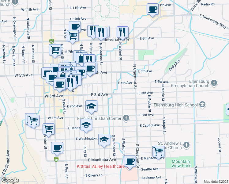 map of restaurants, bars, coffee shops, grocery stores, and more near 603 East 3rd Avenue in Ellensburg