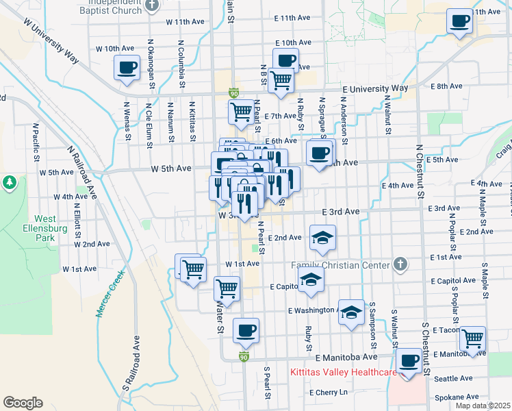 map of restaurants, bars, coffee shops, grocery stores, and more near 307 North Pearl Street in Ellensburg