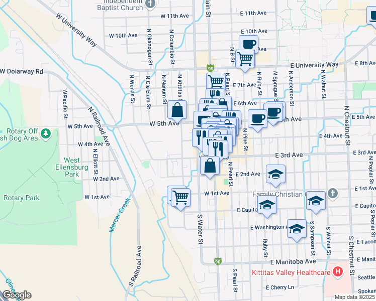 map of restaurants, bars, coffee shops, grocery stores, and more near 313 North Water Street in Ellensburg