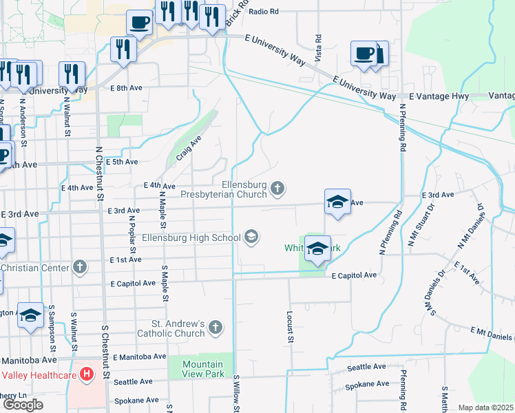 map of restaurants, bars, coffee shops, grocery stores, and more near 1300 East 3rd Avenue in Ellensburg