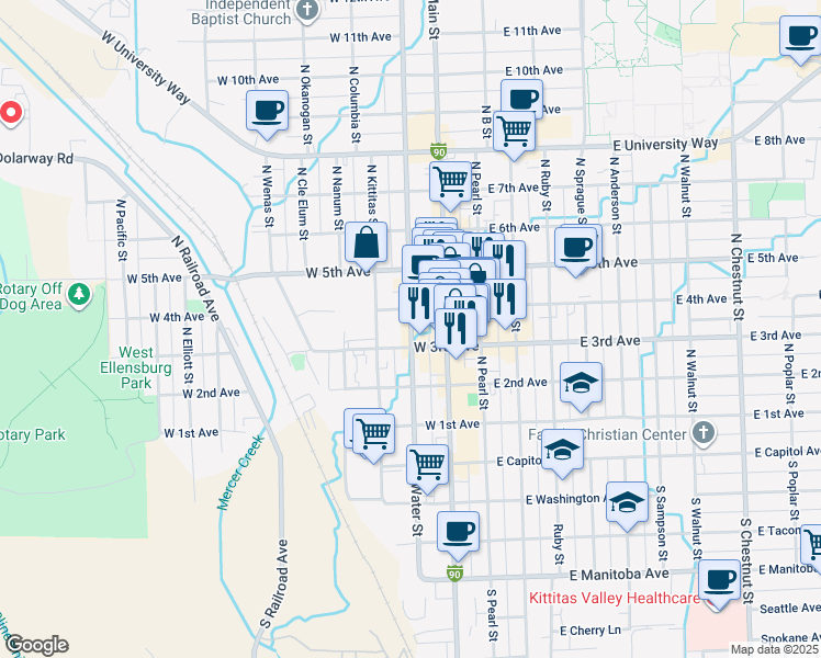 map of restaurants, bars, coffee shops, grocery stores, and more near 313 North Water Street in Ellensburg