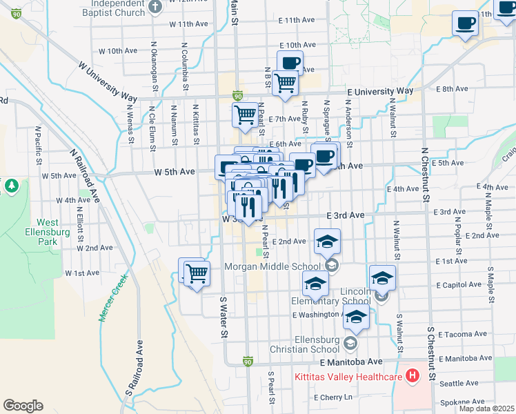 map of restaurants, bars, coffee shops, grocery stores, and more near 311 North Pearl Street in Ellensburg