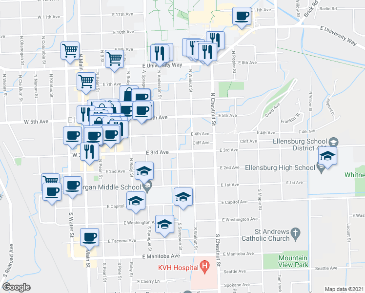 map of restaurants, bars, coffee shops, grocery stores, and more near 603 East 3rd Avenue in Ellensburg