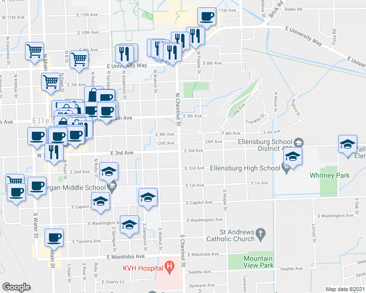 map of restaurants, bars, coffee shops, grocery stores, and more near 801 East 3rd Avenue in Ellensburg