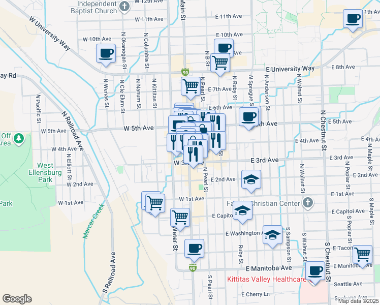map of restaurants, bars, coffee shops, grocery stores, and more near 313 North Main Street in Ellensburg