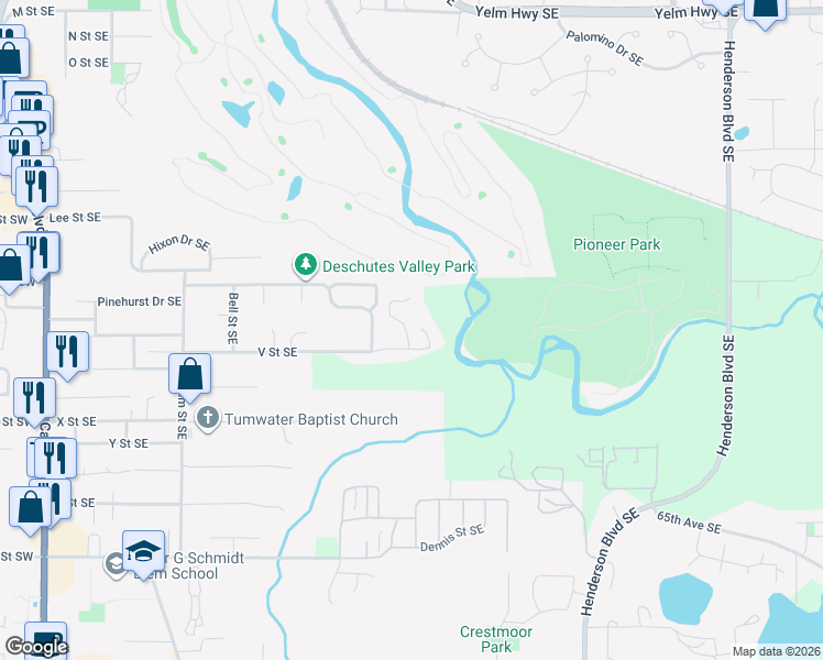 map of restaurants, bars, coffee shops, grocery stores, and more near 6018 Darby Court Southeast in Tumwater
