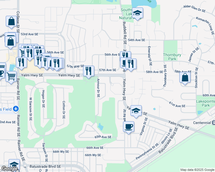 map of restaurants, bars, coffee shops, grocery stores, and more near 5906 Armour Loop Southeast in Olympia