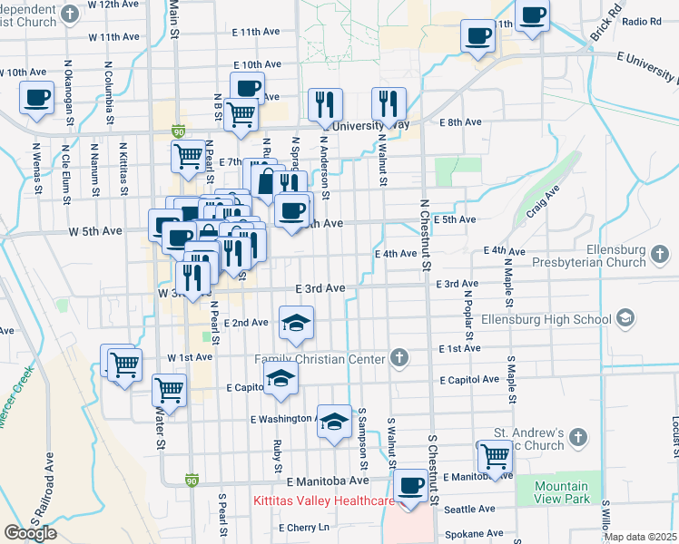 map of restaurants, bars, coffee shops, grocery stores, and more near 306 North Anderson Street in Ellensburg