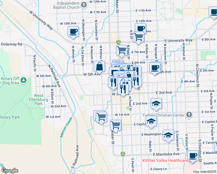 map of restaurants, bars, coffee shops, grocery stores, and more near 313 North Water Street in Ellensburg