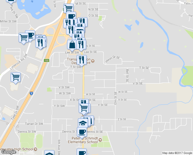 map of restaurants, bars, coffee shops, grocery stores, and more near 6022 Margo Place Southeast in Tumwater