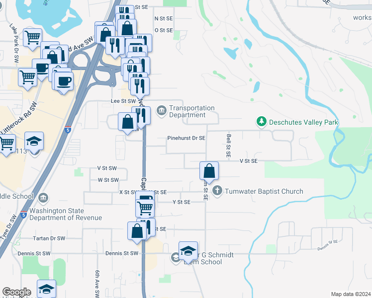 map of restaurants, bars, coffee shops, grocery stores, and more near 304 Laurelhurst Drive Southeast in Tumwater