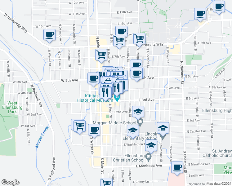 map of restaurants, bars, coffee shops, grocery stores, and more near 307 North Pine Street in Ellensburg
