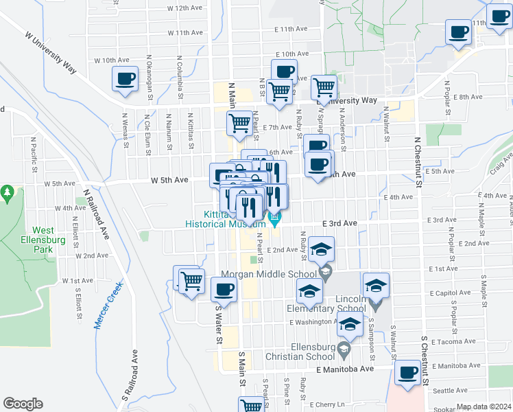 map of restaurants, bars, coffee shops, grocery stores, and more near 311 North Pearl Street in Ellensburg