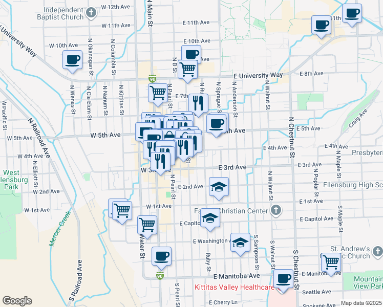 map of restaurants, bars, coffee shops, grocery stores, and more near 307 North Pine Street in Ellensburg