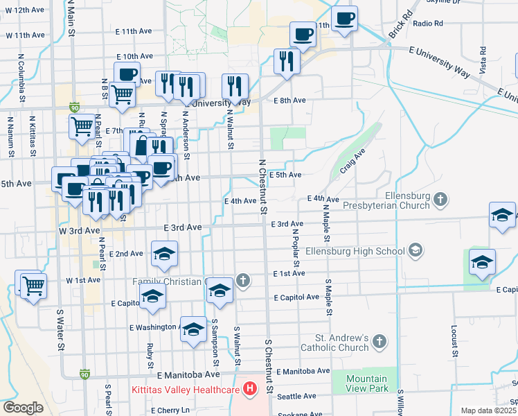 map of restaurants, bars, coffee shops, grocery stores, and more near 801 East 3rd Avenue in Ellensburg