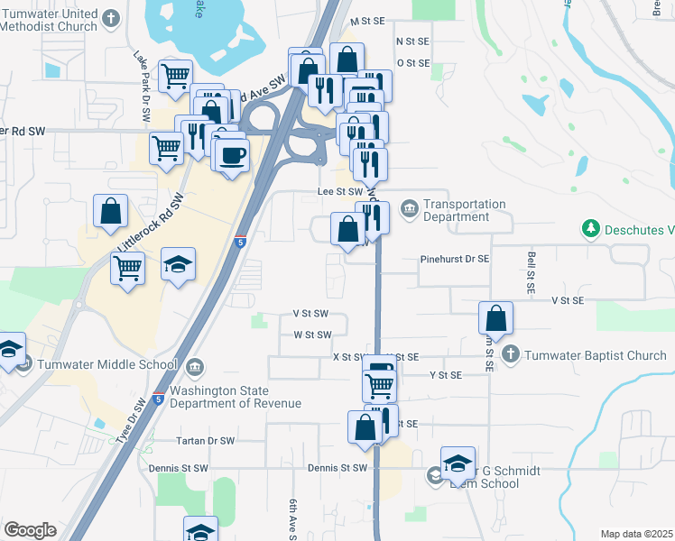 map of restaurants, bars, coffee shops, grocery stores, and more near 215 Pinehurst Drive Southwest in Tumwater