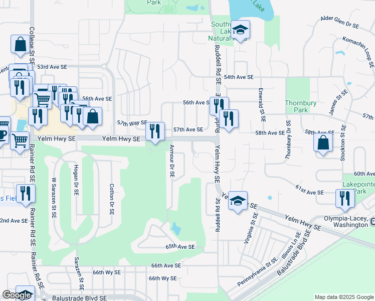 map of restaurants, bars, coffee shops, grocery stores, and more near 5906 Armour Loop Southeast in Olympia