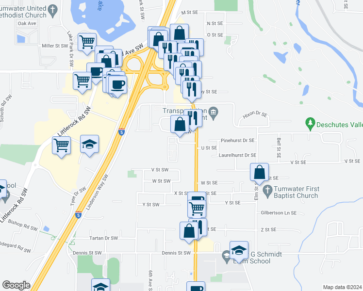 map of restaurants, bars, coffee shops, grocery stores, and more near 6015 Capitol Boulevard Southwest in Tumwater