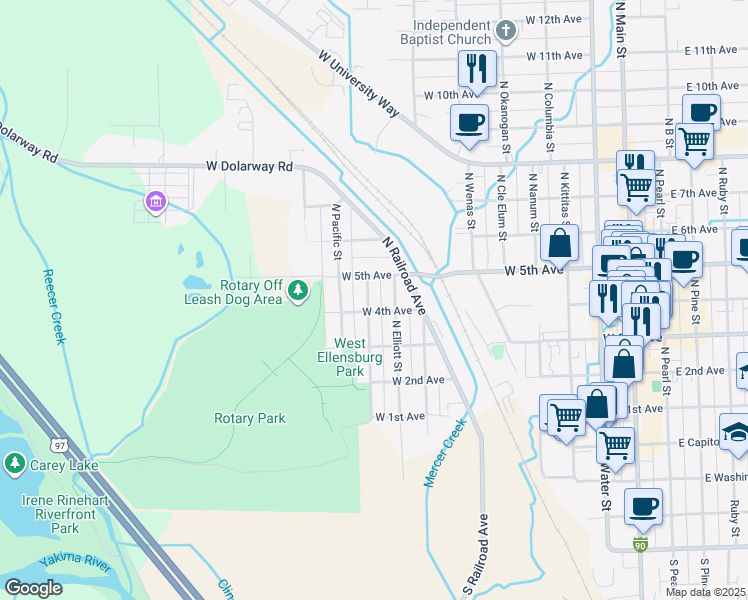 map of restaurants, bars, coffee shops, grocery stores, and more near 406 North Lincoln Street in Ellensburg