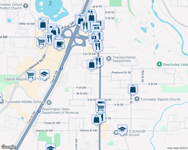map of restaurants, bars, coffee shops, grocery stores, and more near 6009 Capitol Boulevard South in Tumwater