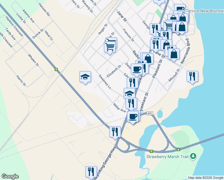 map of restaurants, bars, coffee shops, grocery stores, and more near 229 Sweeney Lane in Miramichi