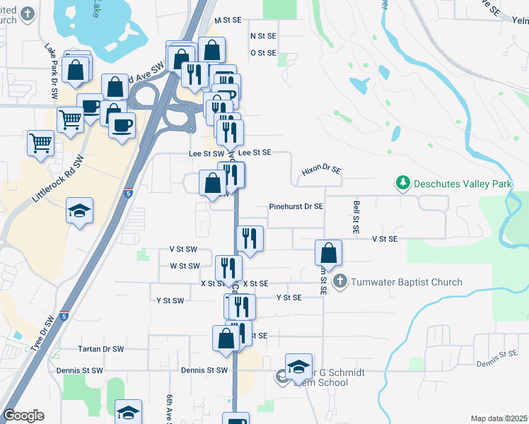 map of restaurants, bars, coffee shops, grocery stores, and more near 6022 Margo Place Southeast in Tumwater