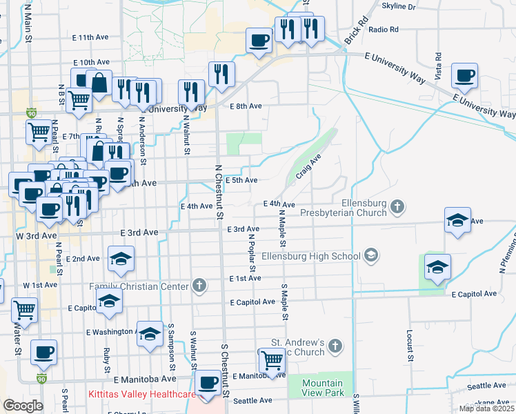 map of restaurants, bars, coffee shops, grocery stores, and more near 900 East 4th Avenue in Ellensburg