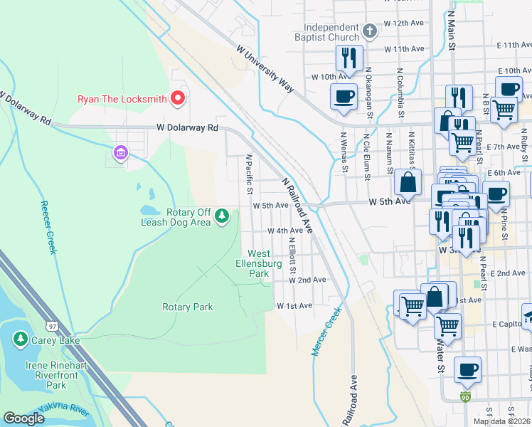 map of restaurants, bars, coffee shops, grocery stores, and more near 500 North Pacific Street in Ellensburg