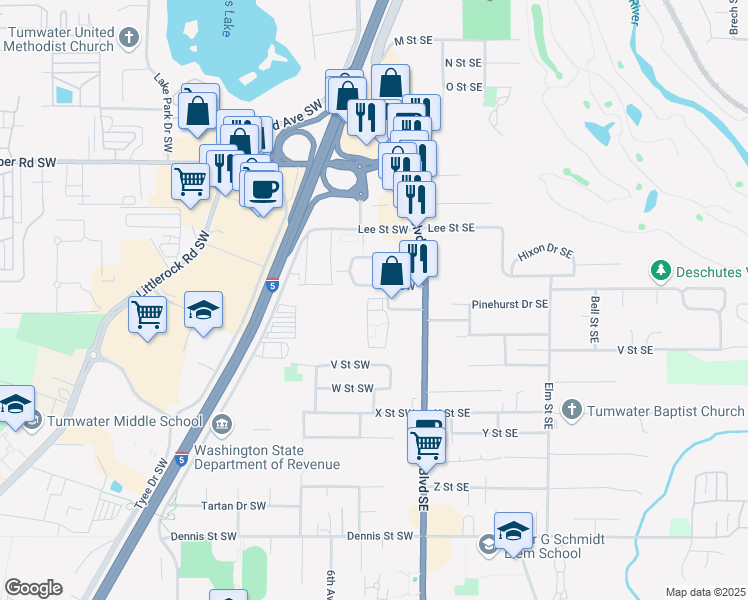 map of restaurants, bars, coffee shops, grocery stores, and more near 251 Pinehurst Drive Southwest in Tumwater