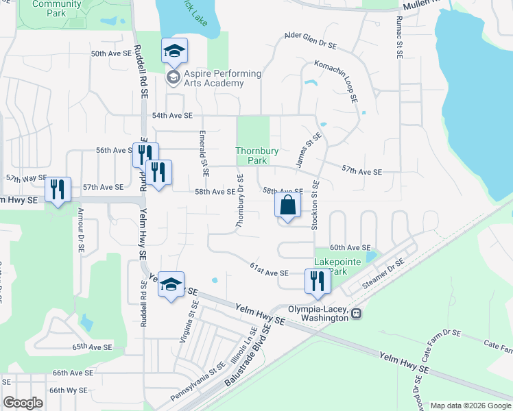 map of restaurants, bars, coffee shops, grocery stores, and more near 6112 Thornbury Court Southeast in Lacey