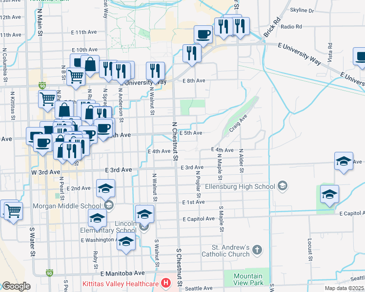 map of restaurants, bars, coffee shops, grocery stores, and more near 00410 North Chestnut Street in Ellensburg