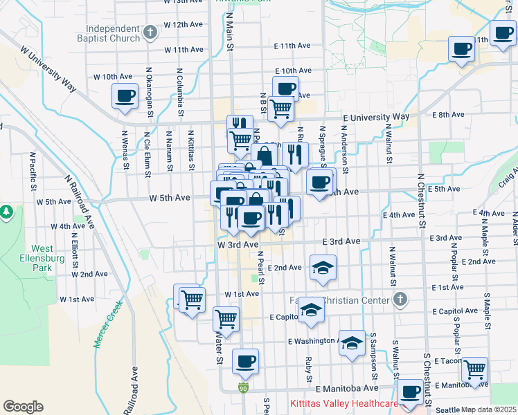 map of restaurants, bars, coffee shops, grocery stores, and more near North Pearl Street in Ellensburg